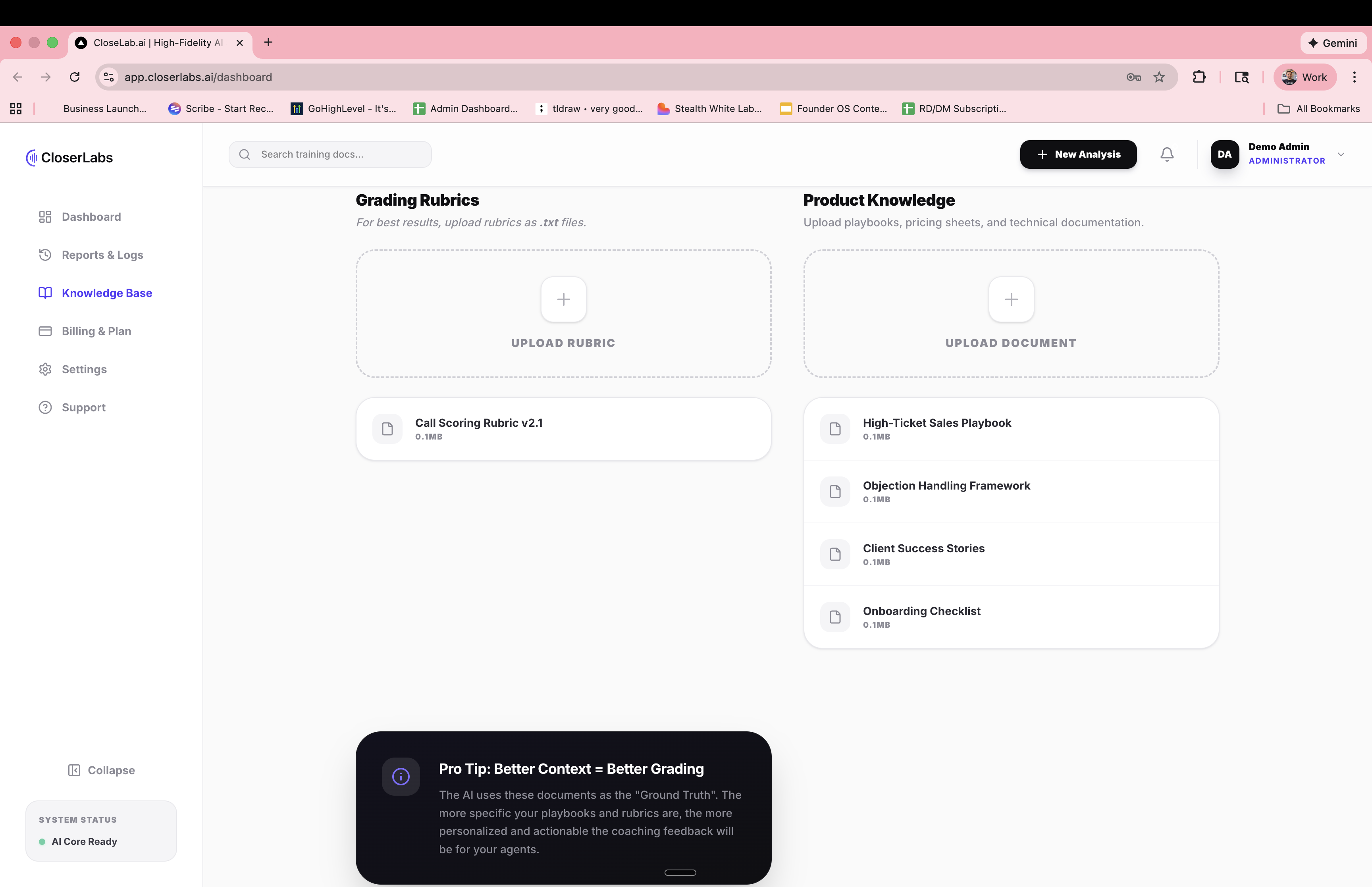 CloserLabs Knowledge Base with rubrics, sales playbooks, and coaching documentation
